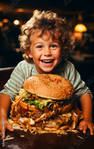 A smiling and happy child eating a huge cheeseburger