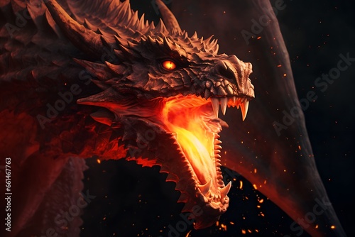Head of a fire spitting dragon with a dark background photo