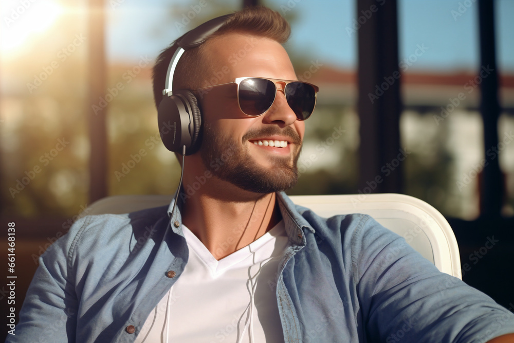 Handsome adult man istening music with headphones at outdoors