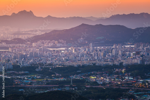 Aerial view of Seoul And there is Bukhansan Mountain in the background, South Korea.