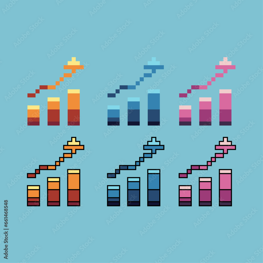 Pixel art sets of business graph with variation color item asset. Simple bits of profit business up on pixelated style. 8bits perfect for game asset or design asset element for your game design asset.
