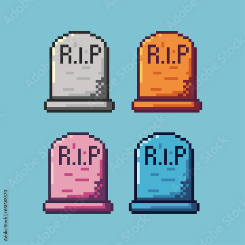 Pixel art sets of rip grave with variation color item asset. Simple bits of halloween grave on pixelated style. 8bits perfect for game asset or design asset element for your game design asset.