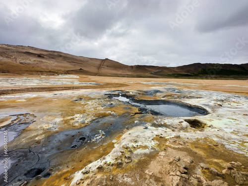 Panoramic view of geothermal active zone cin Iceland near Myvatn lake. Geothermal area in Iceland.