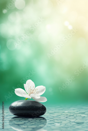 Spa calming background with zen stones and lotus flowers with copy space