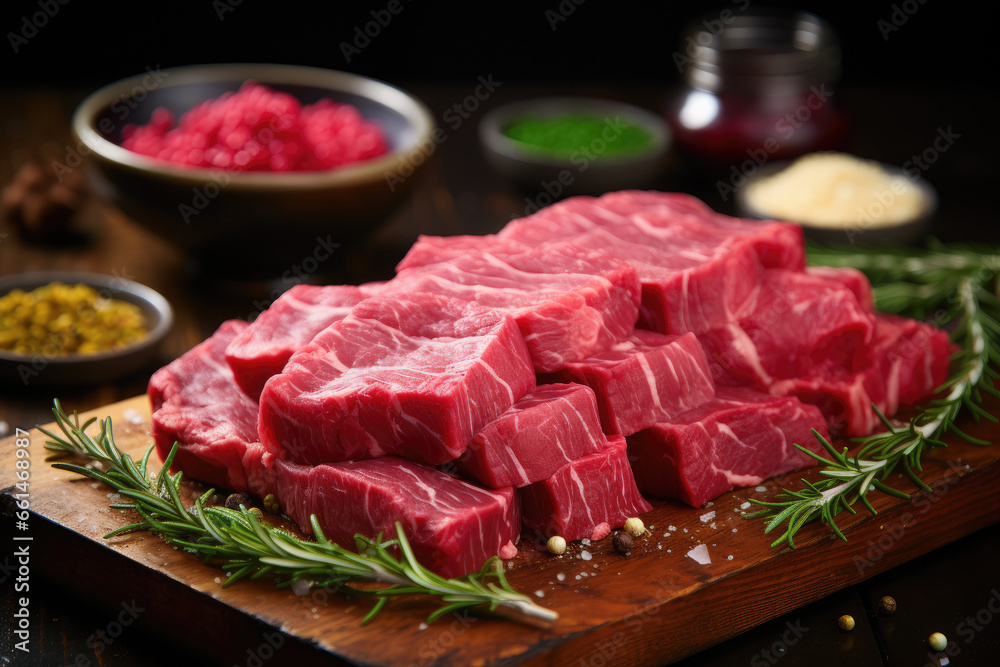 Fresh Raw Beef Cubes on Wooden Board