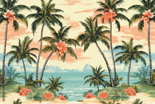 Hawaiian beach scenery  palm trees  floral pattern  repeating  small and detailed. Generative AI