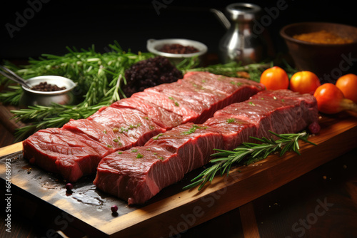 Cubed raw beef with rosemary on a wooden board, cooking ingredients in background.