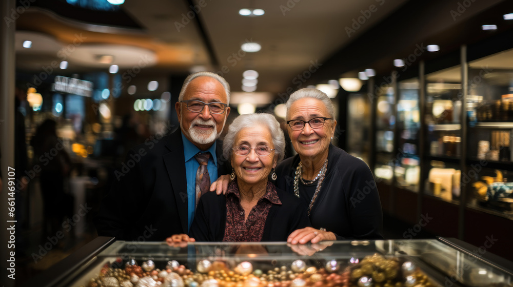 Portrait of senior people looking at camera while standing in a jewelry store. Portrait of senior people looking at camera while standing in a jewelry store.