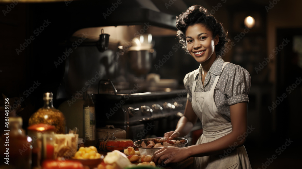 Vintage portrait of a smiling african american woman cooking in the kitchen.