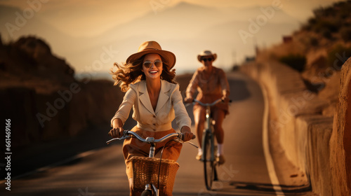 Happy young woman in hat riding a bicycle on the road in the mountains at sunset. Warm colors toned, retro.