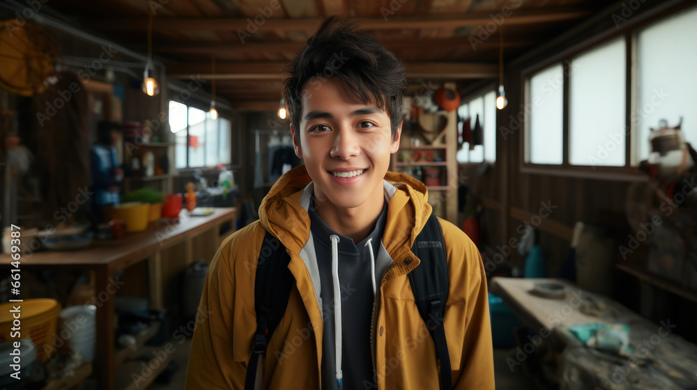 Portrait of a young teenager asian man with backpack standing in his workshop. Portrait of a young teenager asian man with backpack standing in his workshop.
