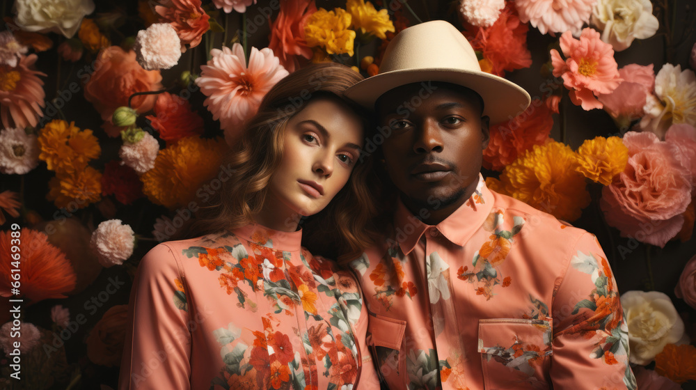 Fashionable african american man and caucasian woman in floral shirt and hat on floral background.