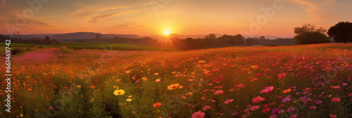 Mexican daisy cosmos flowers meadow in sunrise mountains background 