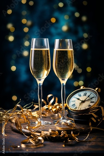 Gläser Champagner an Silvester, Feier mit goldenem Funkeln und Feuerwerk – Generative KI