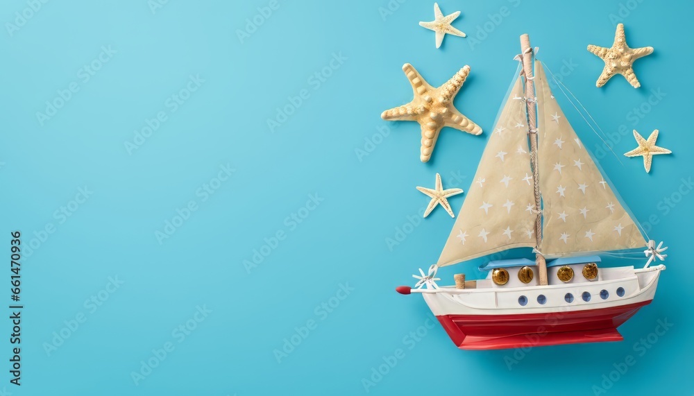 Top view of ship, sailboat toy with starfishes on blue background with copy space