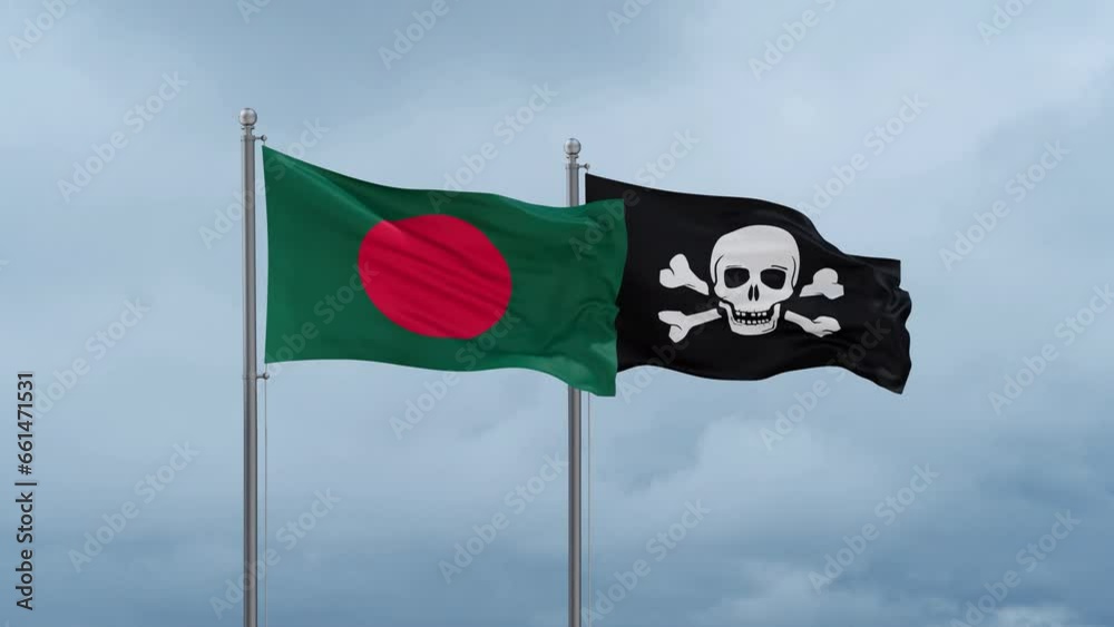 Bangladesh flag and Jolly Roger or pirate flag waving together on cloudy sky, endless seamless loop Bangladesh flag and Jolly Roger or pirate flag waving together on cloudy sky, endless seamless loop