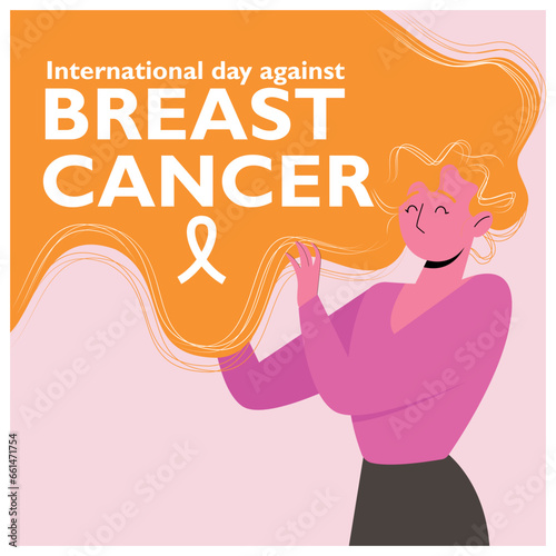 Drawing of a woman straightening her long orange hair for the Pink October campaign.