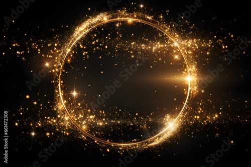 Golden Glittering Holiday Magic, Sparkling Circle Trails on Black Background