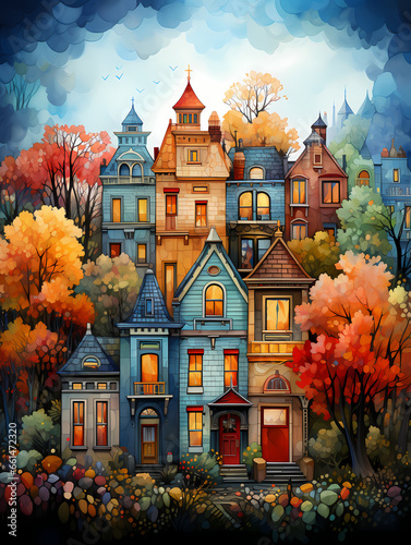 A Colorful Houses With Trees And Blue Sky