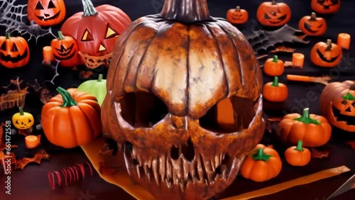 Pumpkin head and many small gouged pumpkins and spider webs, a Halloween illustrated, animated spooky short film. photo