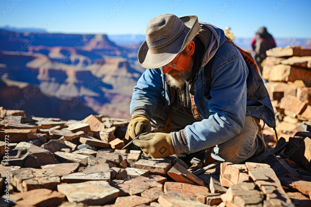 Geologist studying canyon rock formations with hammer. Geologist studying canyon rock formations with hammer.