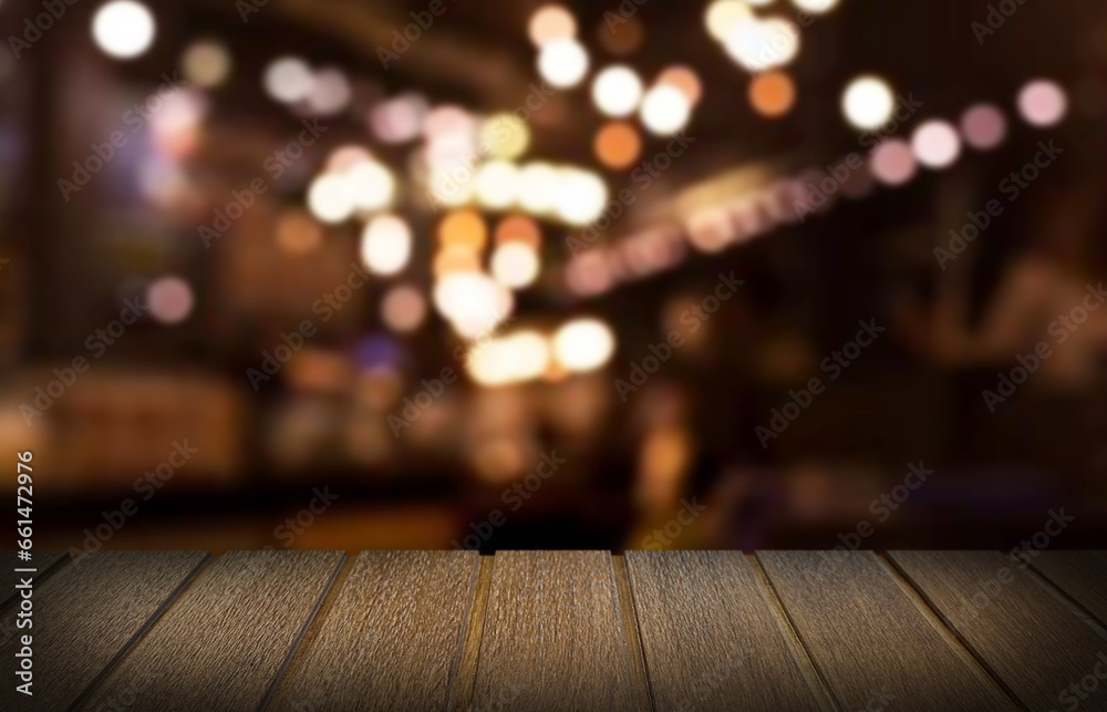 Wooden table top on blur green forest or gardent.Fresh and Relax concept.For montage product display or design key visual layout.View of copy space. - obrazy, fototapety, plakaty 