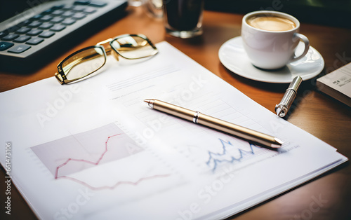 Illustration of pen and paper on a wooden desk. Elaboration over a stock market situation.