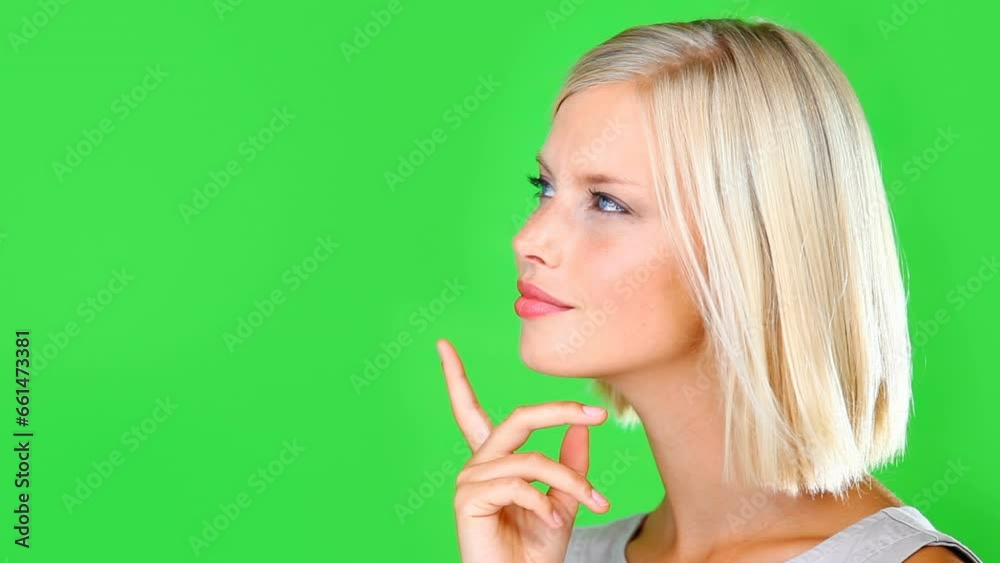 Green screen, face of woman and thinking of ideas, planning insight and future inspiration on studio background. Portrait, happy model and brainstorming choice, remember memory and solution in mind Green screen, face of woman and thinking of ideas, planning insight and future inspiration on studio background. Portrait, happy model and brainstorming choice, remember memory and solution in mind