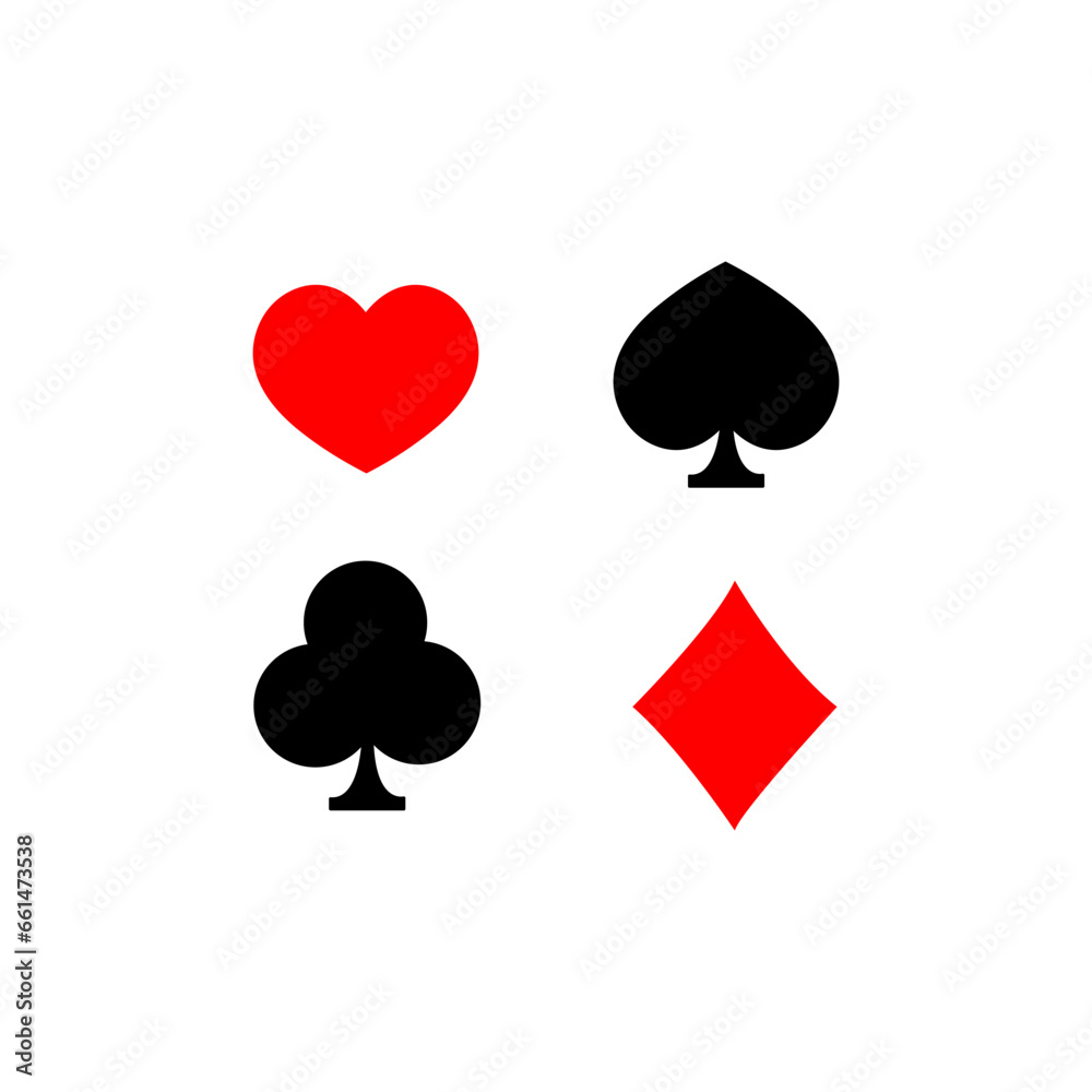 High quality vector illustration of the four Poker playing cards suits symbols - Spades Hearts Diamonds and Clubs icons isolated on white background High quality vector illustration of the four Poker playing cards suits symbols - Spades Hearts Diamonds and Clubs icons isolated on white background
