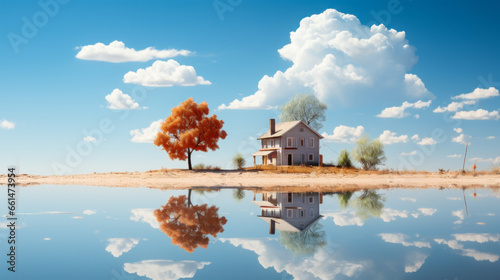 Isolated house on flat land under a cloudy blue sky.
