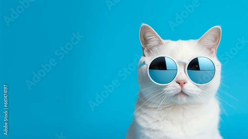 Cool cat concept design, white cat wearing eyes glasses isolated on background, © SongMin