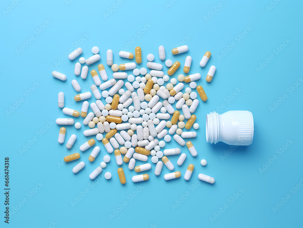 A Group Of Pills Spilling Out Of A Bottle A Group Of Pills Spilling Out Of A Bottle