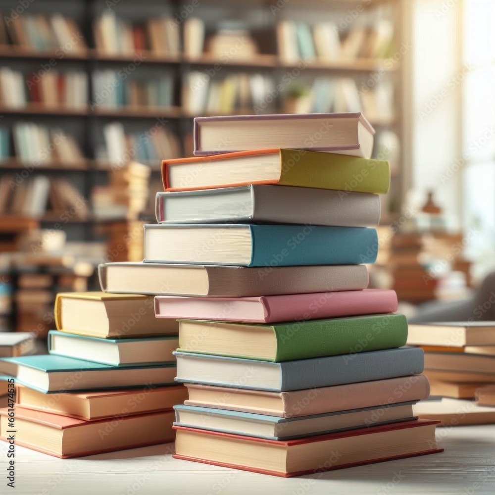 Stacked colorful books on white wooden table with blurred colorful arrangement of books and bookshelf background. Stacked colorful books on white wooden table with blurred colorful arrangement of books and bookshelf background.