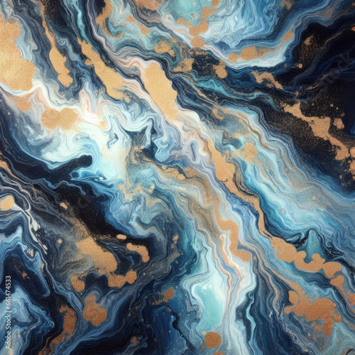 A captivating marble background with an abstract acrylic texture that blends deep blue hues and impressive golden glimmers.