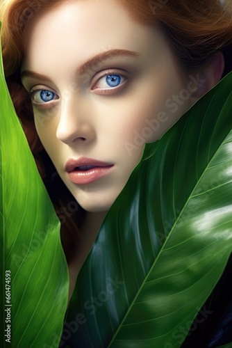 portrait of tender woman with palm leaf , AI Generated