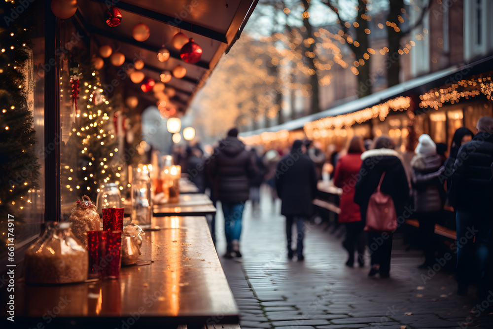 Festive vibes at the Christmas market, bustling streets and stalls - obrazy, fototapety, plakaty 