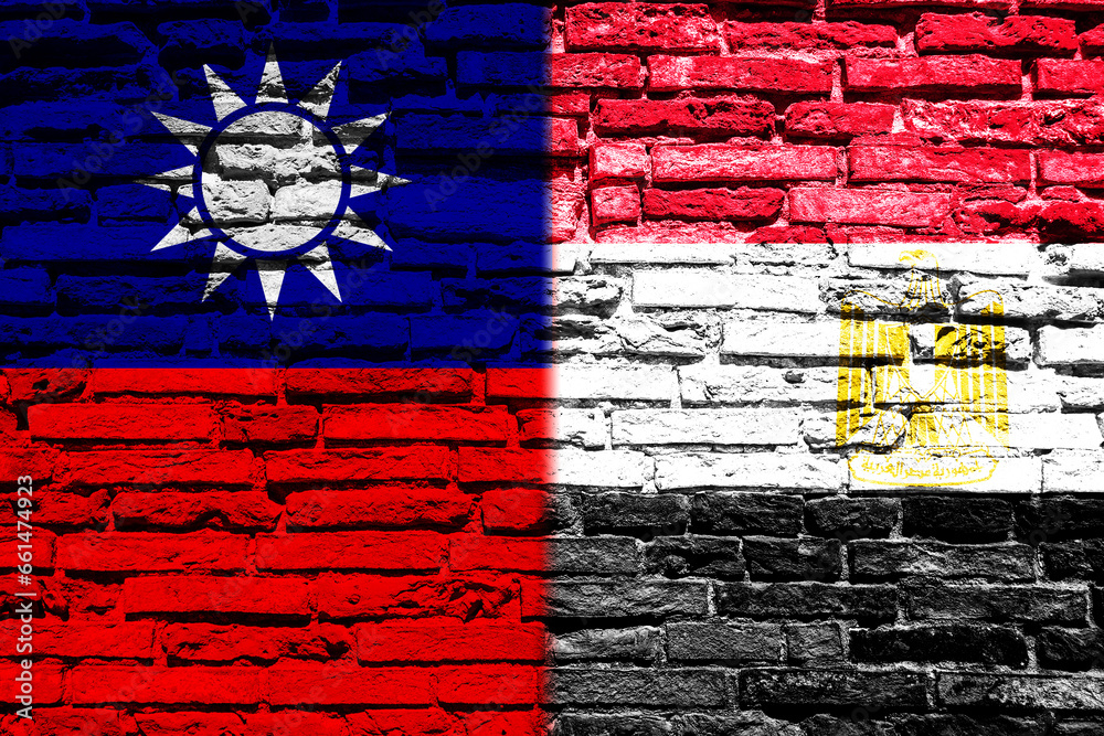 Background with Taiwan and Egypt flag on brick wall