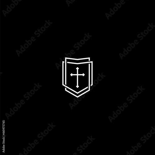 Christian cross and shield of faith icon isolated on dark background photo