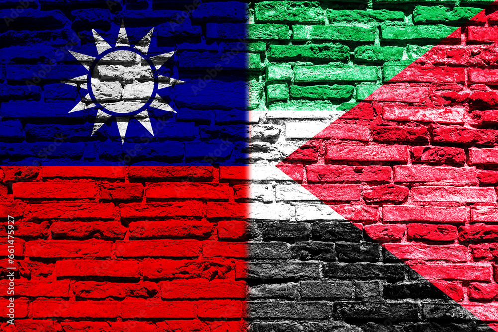 Background with Taiwan and Palestine flag on brick wall