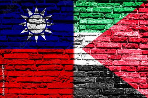 Background with Taiwan and Palestine flag on brick wall