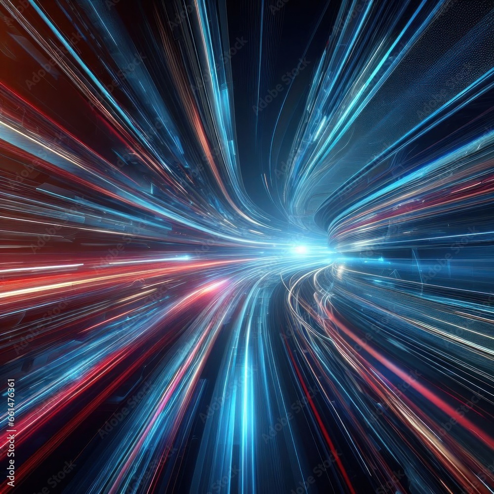 Futuristic speed motion with blue and red rays of light abstract background.