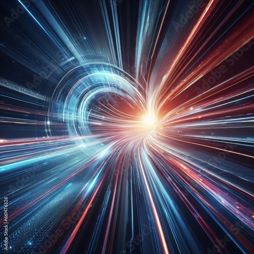 Futuristic speed motion with blue and red rays of light abstract background.