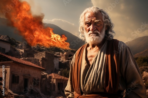 Relentless Ancient greek volcano eruption old man. Nature disaster. Generate Ai