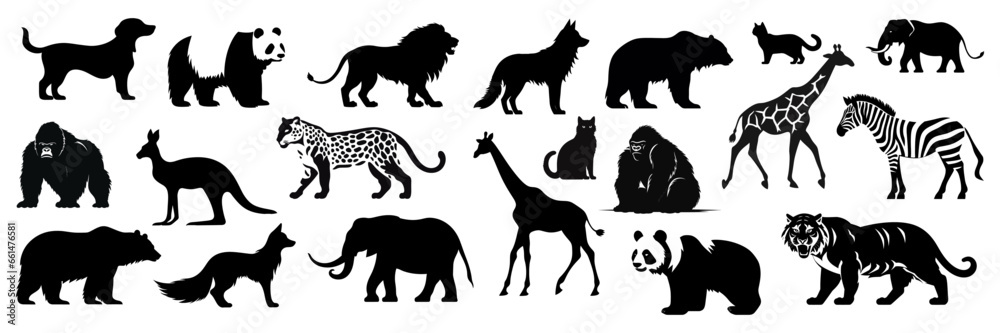 Set of silhouettes of various black animals. Vector illustration