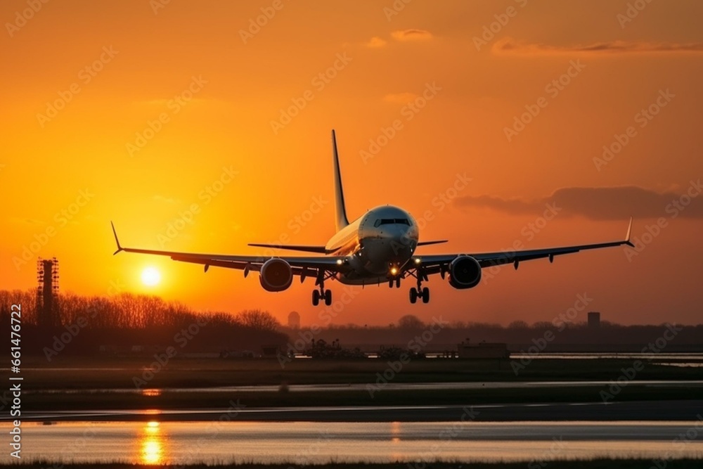 Aircraft departing during sunset in the Netherlands. Common travel scene. Generative AI