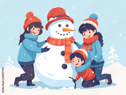 AI Generative. A minimalist character illustration of a group of kids are building a snowman © taelefoto