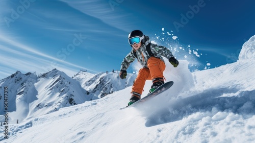 child in mid-air on a snowboard executing an impression © Daunhijauxx