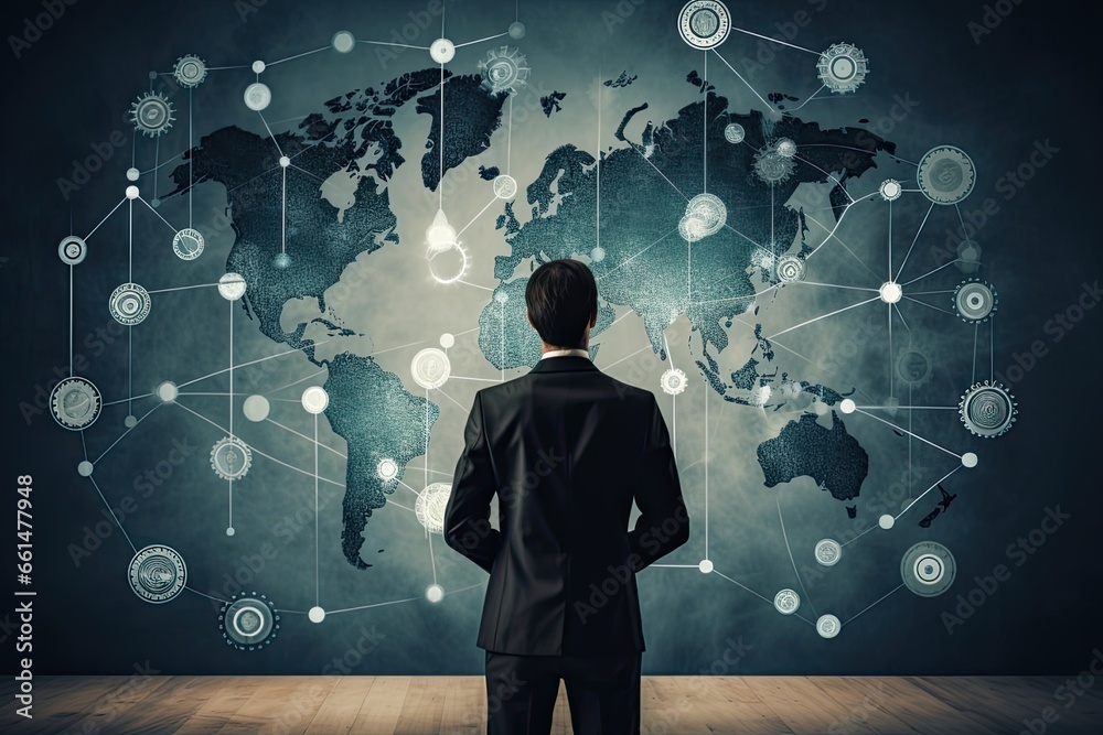 A person with development symbols and a world map, symbolizing international development efforts A person with development symbols and a world map, symbolizing international development efforts