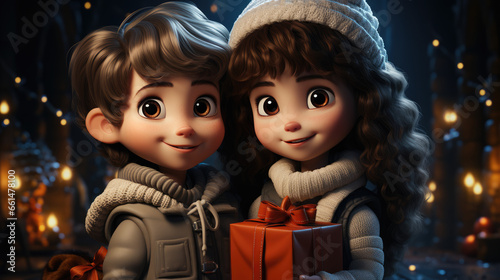 Cartoon Style Christmas Cheer: Girl and Boy with Presents next to Christmas trees and decorations.