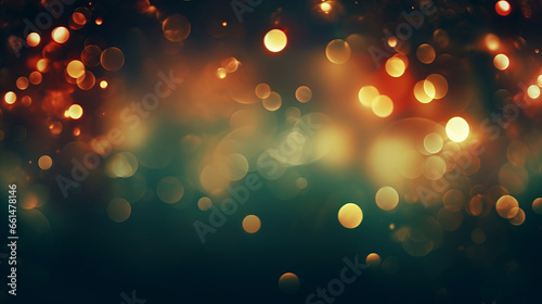 Golden and red bokeh on a dark green background. Magic Christmas and New Year holyday wallpaper. photo